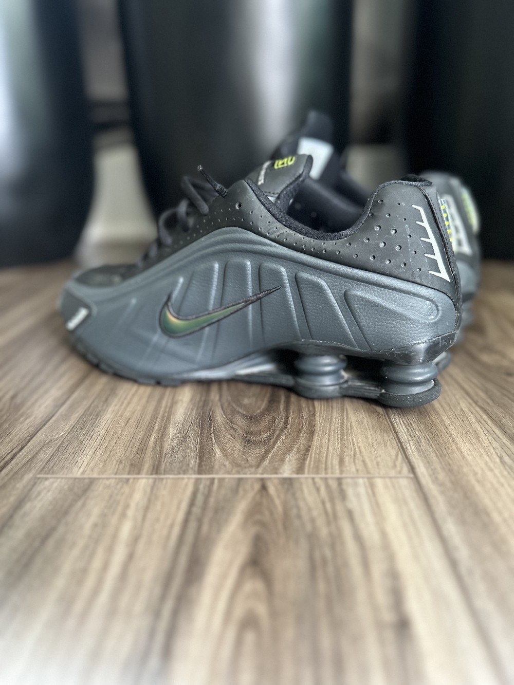 Nike Men’s Shox Sneaker — Black with Iridescent Swoosh